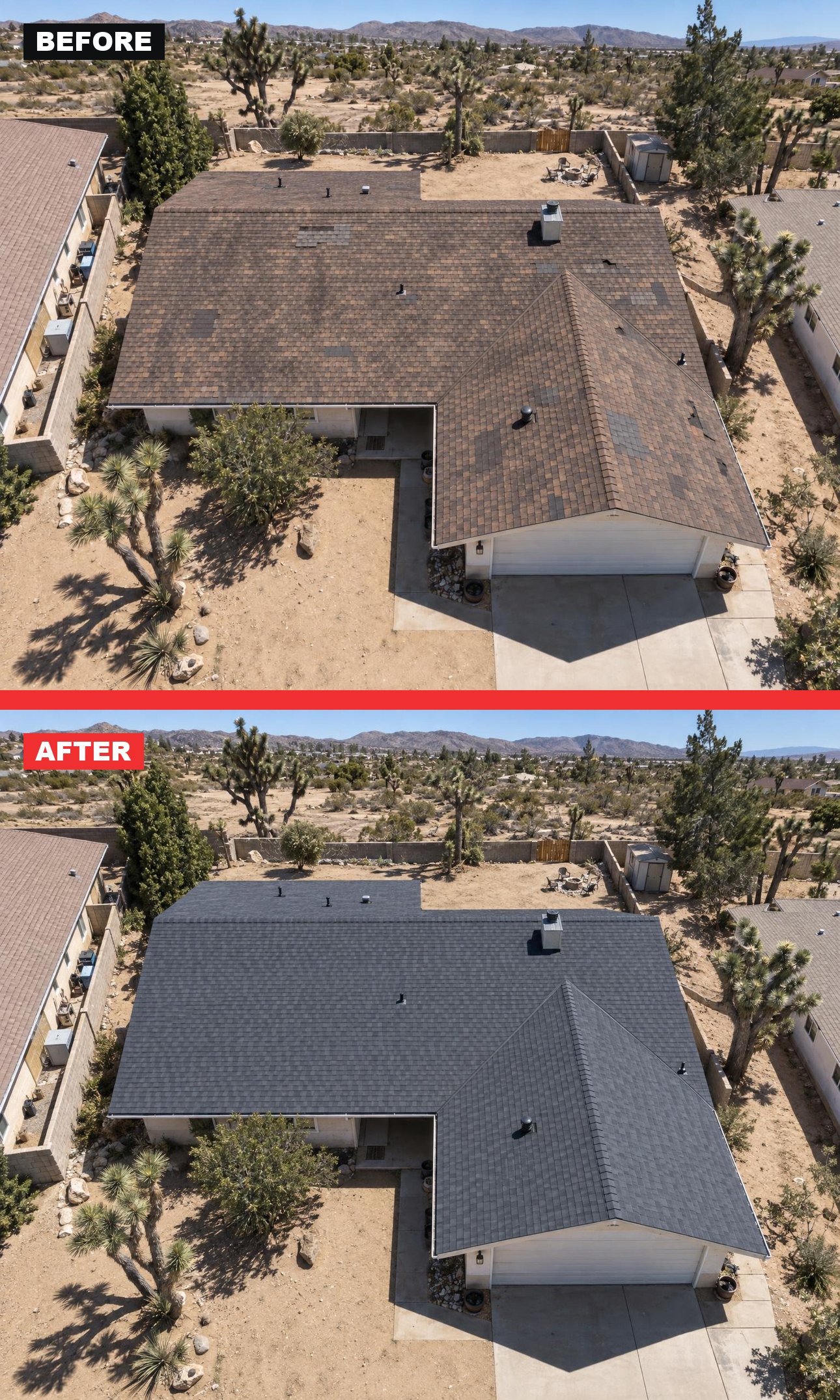 Before and after from a drone: a brown roof and the same house with new shingles