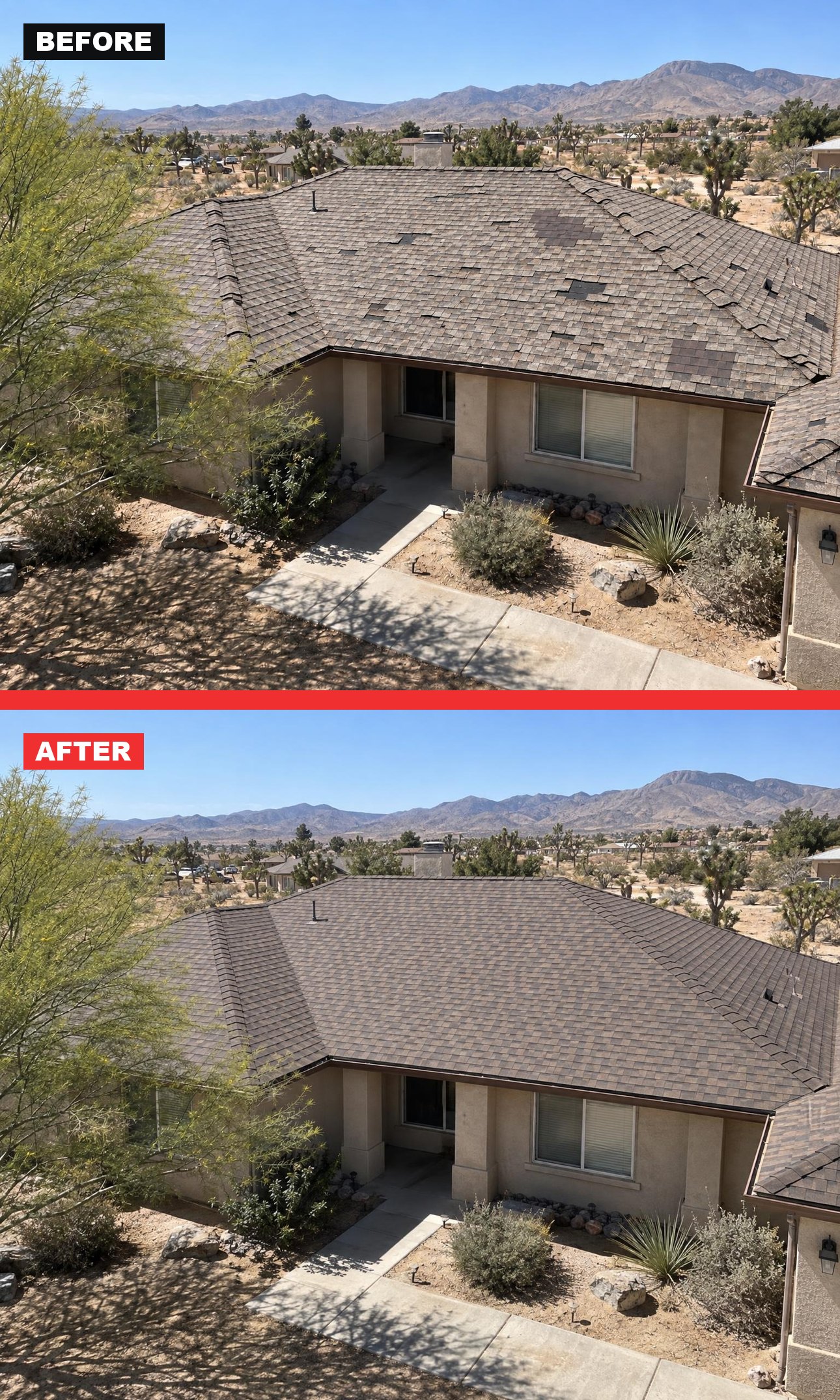 Before and after: a worn shingle hip roof and the new shingles