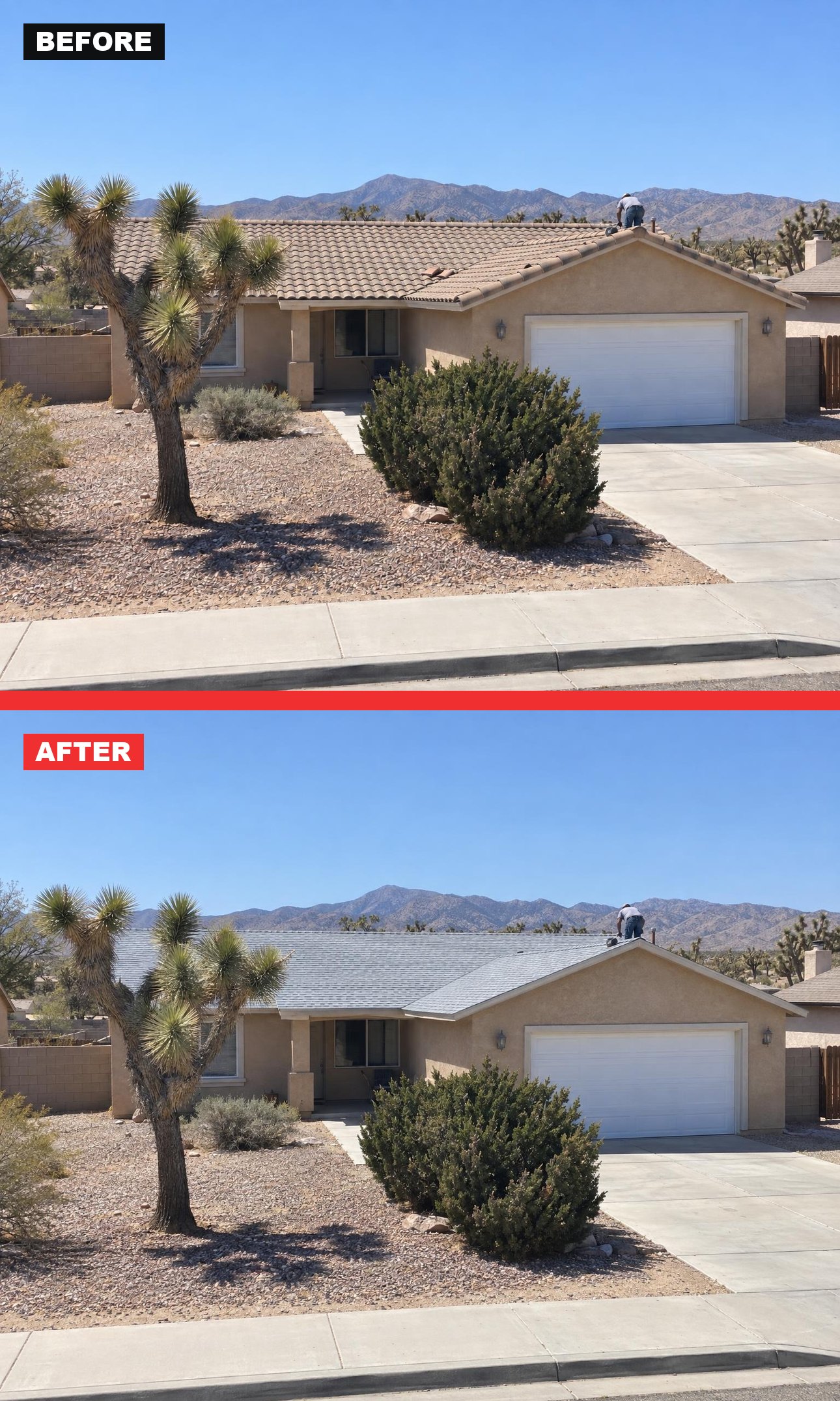 Before and after: a tan concrete tile roof replaced with light grey shingles