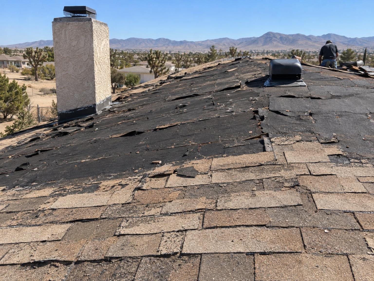 Before: worn, curling tan shingles with torn roofing felt on the upper section
