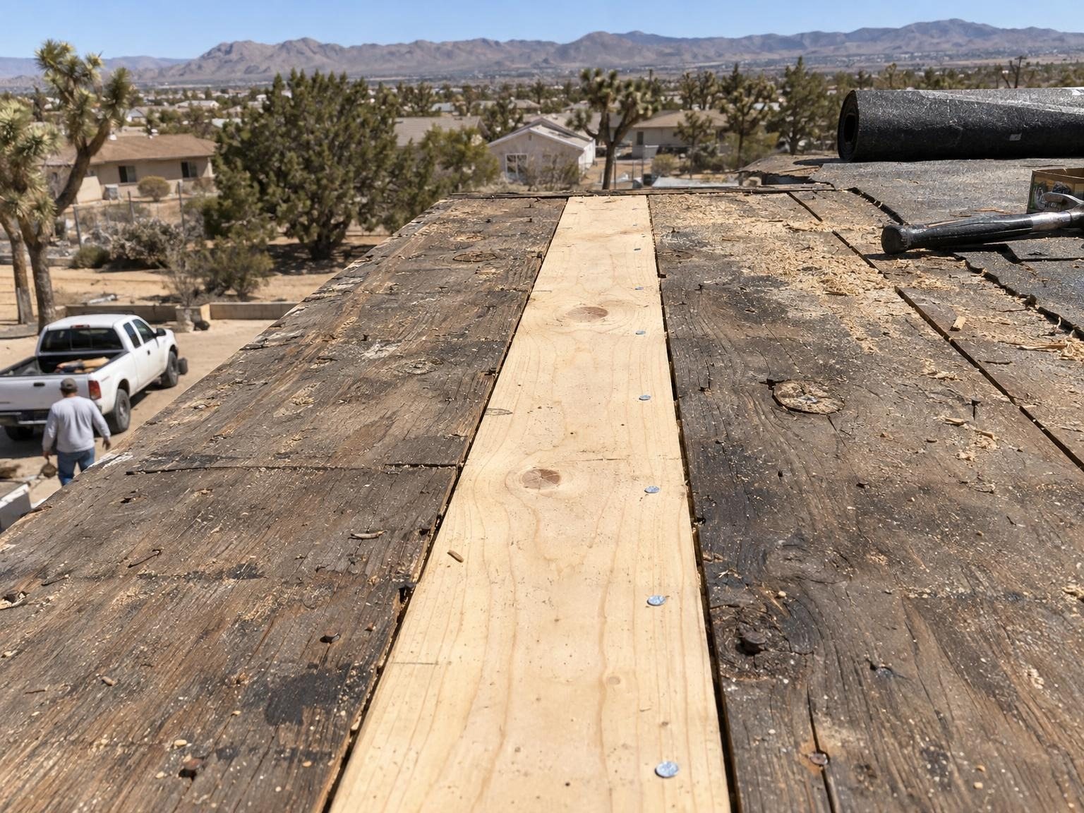 A new board patched into the old roof decking