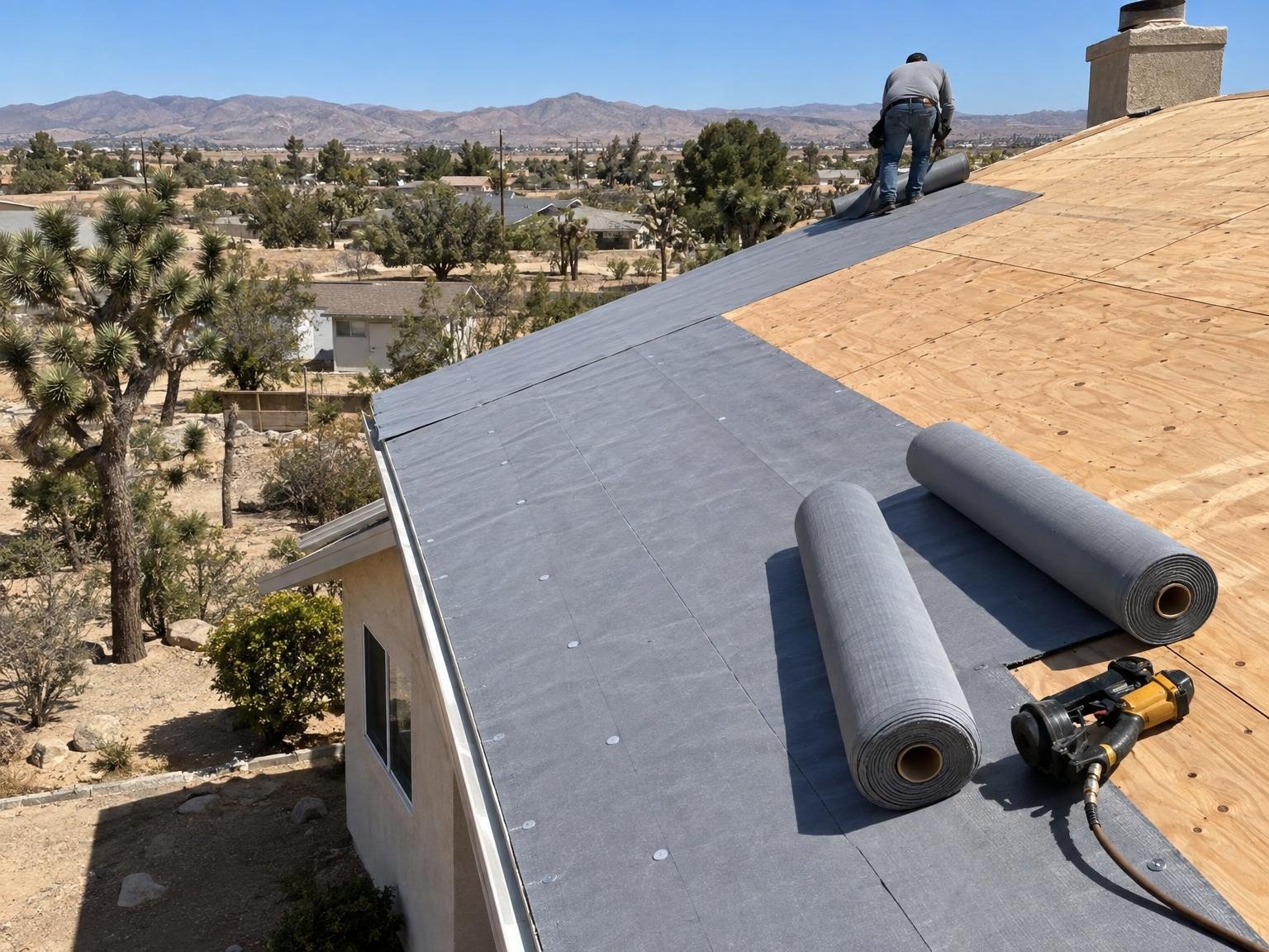 New plywood roof deck with grey synthetic underlayment rolled out