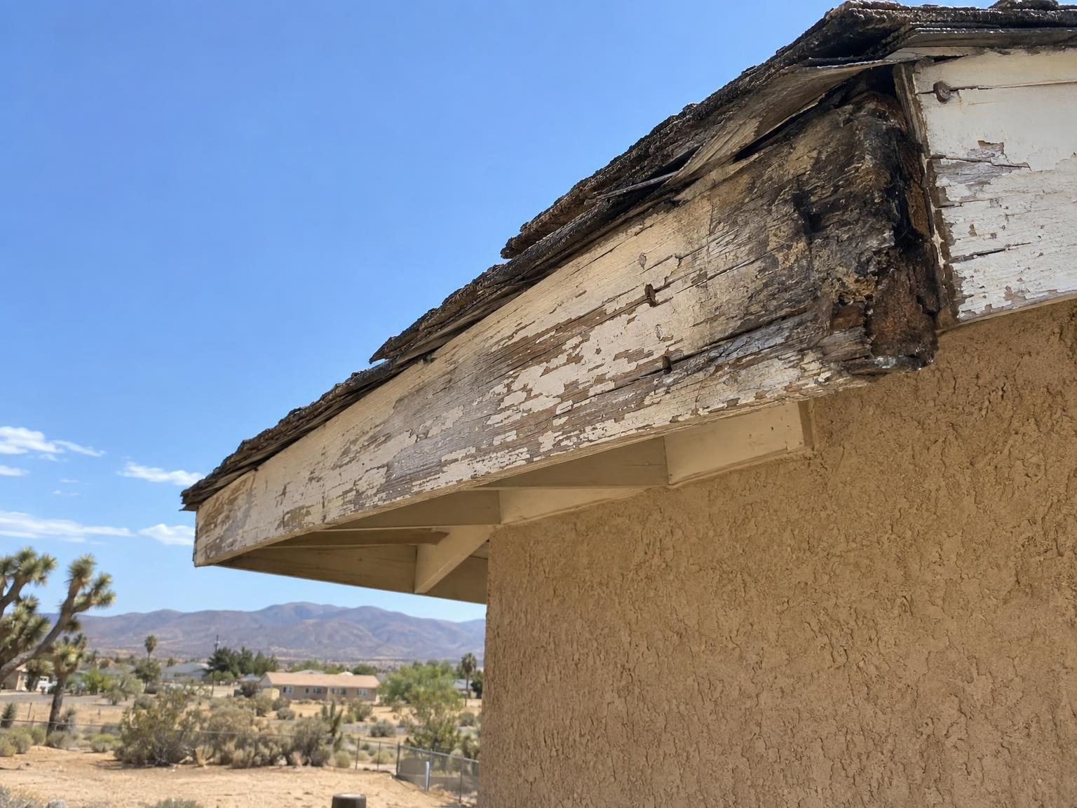 Weathered old fascia board under the roof eave