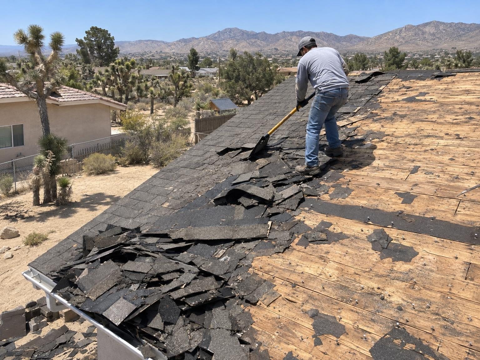 A roofer stripping old shingles down to the board sheathing with a long-handled shingle shovel